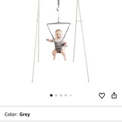 Jolly Jumper Classic (Grey) with Stand - Original Baby Jumper, Indoor and Outdoor Exercise Saddle Seat, Adjustable Height, for Infants up to 28lbs