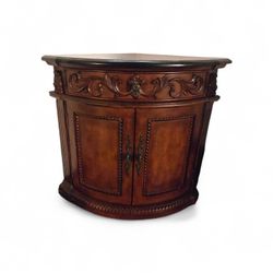 Set of two Italian Tuscan rounded style corner tables cabinets mahogany marble top old world Renaissance like new includes legs