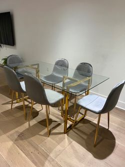 Luxury Glass Dining Room Set 6 Velvet Chairs Clearance