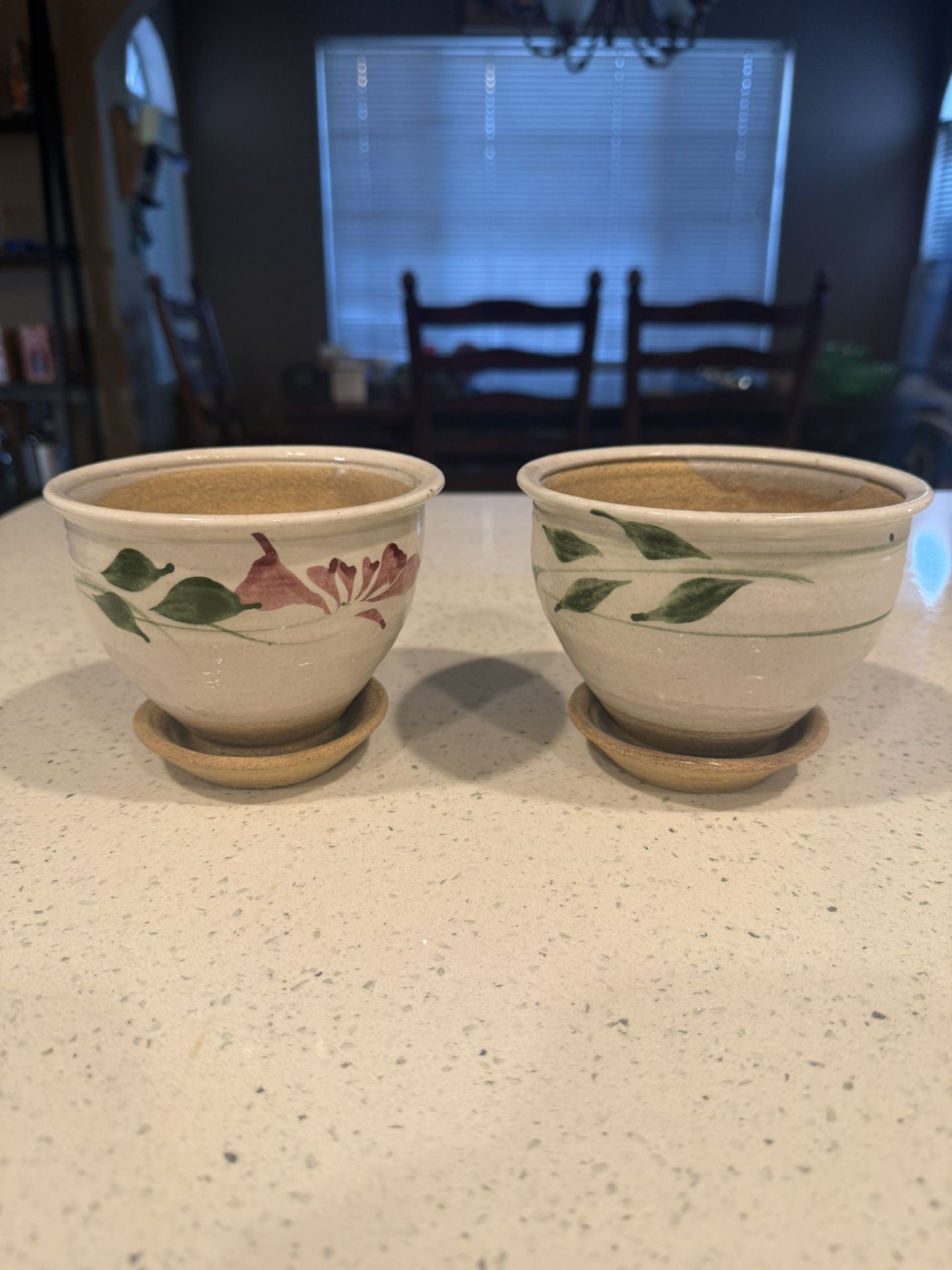 Vintage Mini Stoneware Planters with Saucers – Hand-Painted Leaves (Set of 2)