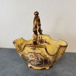 Vintage Decorative Porcelain Basket with Handle – Floral & Romantic Scene 