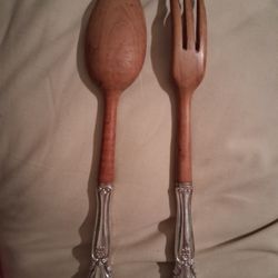 Sterling Silver And Teak Salad Utensils 