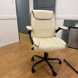 Sweetcrispy Ergonomic Office Chair Heavy Duty Task Desk Chair with Flip-up Arms, PU Leather, Adjustable Swivel Rolling Chair with Wheels, Beige