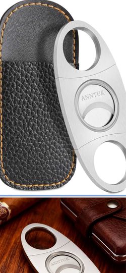Cigar Cutter Stainless Steel Guillotine Double Cut Blade in Leather Pouch, Silver