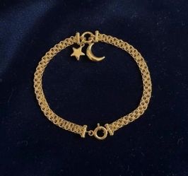 14K Solid Gold Star Moon Charm Bracelet 7.25" – Brand New