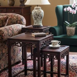 Vintage Chinese Rosewood Nesting Tables (Set of 3) | Hand-Carved Hongmu Asian Antique Accent Furniture