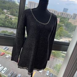 Soft Surroundings Black Knit Mesh Trim Gold Chain Trim Tunic Sweater Size S