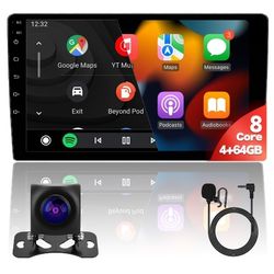 10'' 8Core 4+64GB QLED Full Touch Android Double Din Car Stereo Radio Audio Video Player with Apple CarPlay Android Auto 4G&WiFi DSP FM&AM BT MirrorLi