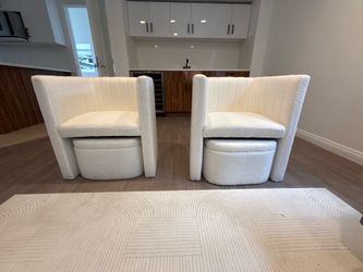 2 boucle chairs with ottoman