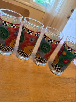 Vintage Debbie Mumm Set of 4 Checkered Sewing Theme Glass Tumblers 10-18 oz