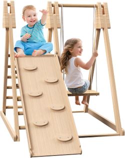 4 in 1 Kides (3-8 yo) Wooden Jungle Gym w/ Stair Slide / Swing (Indoor / Outdoor) [NEW] <Assembly Req>