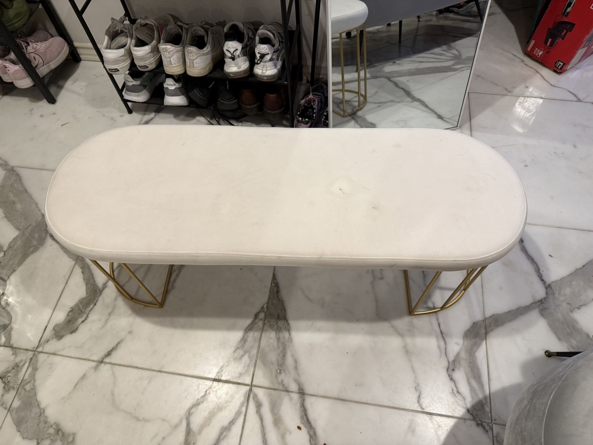 Modern White Upholstered Bench w/ Gold Metal Legs – Vanity / Entryway