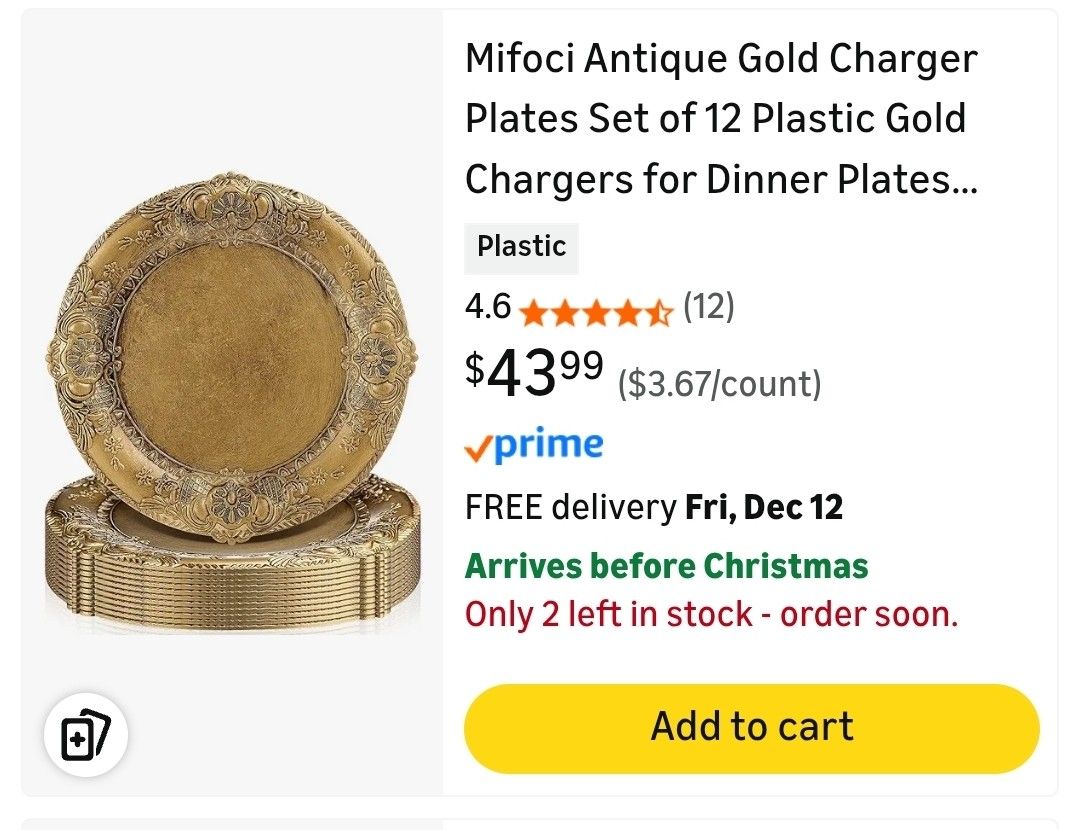 Antique Gold Charger Plates 12ct