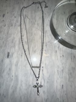 Layered Silver Necklace with Cross Pendant & Pearl Accent 