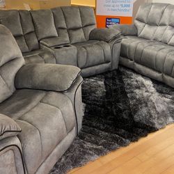 Barcelona, gray reclining sofa and loveseat only $1099. Single reclining chair $299.