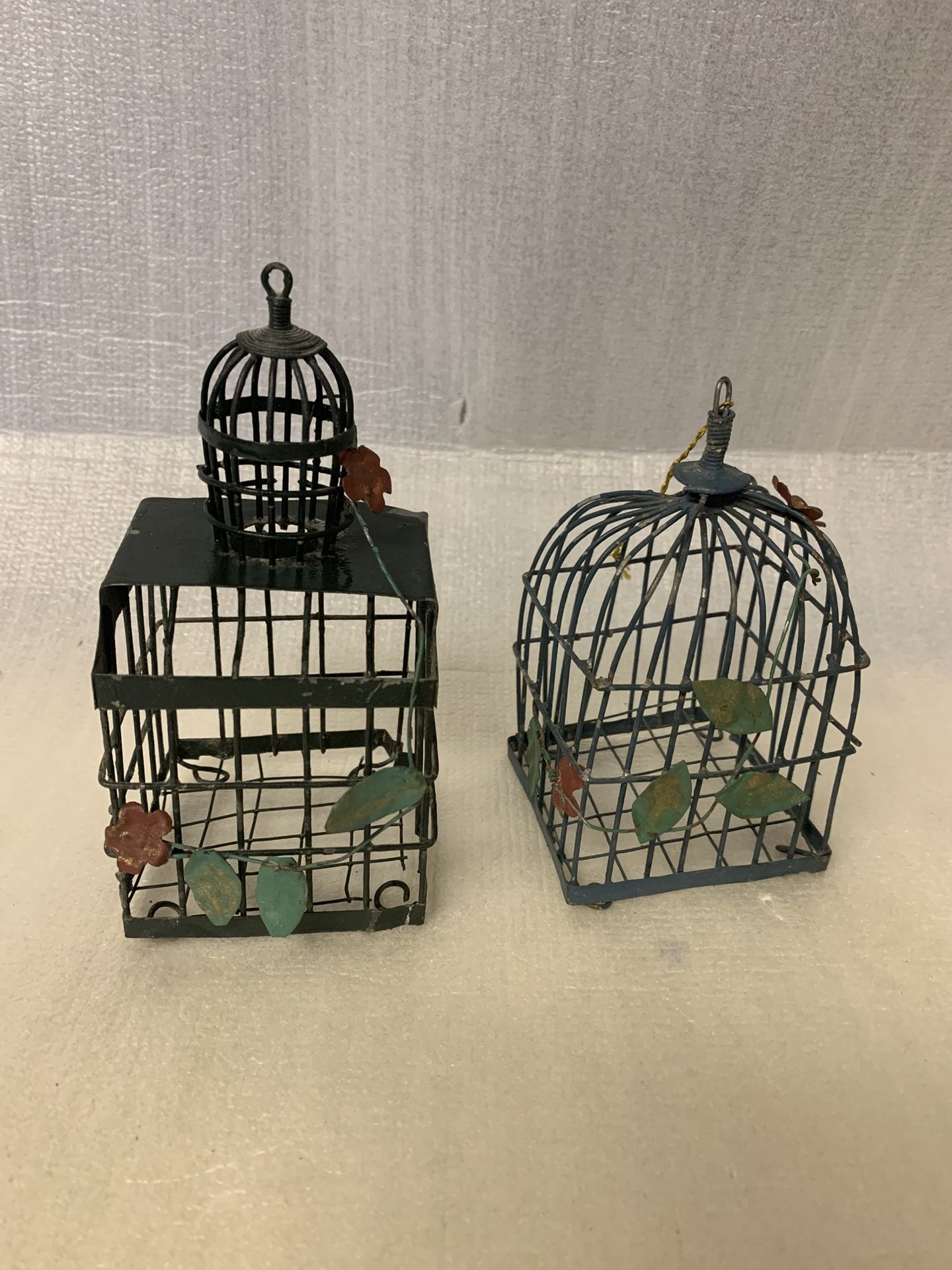 Pairs of vintage metal bird green wire cages
