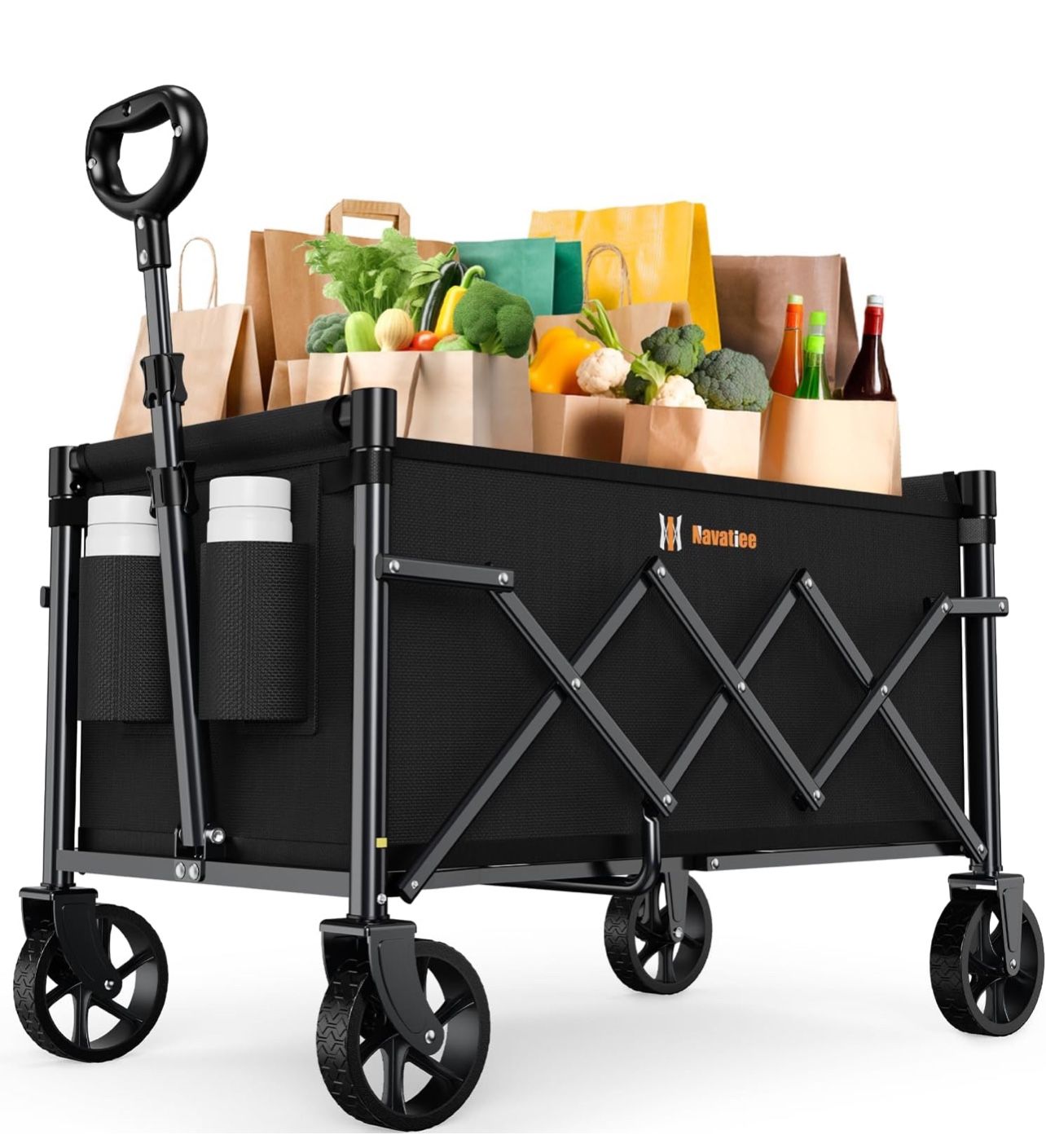 Portable Foldable Collapsible Wagon with Wheels, 220lbs Weight Capacity Utility Grocery Shopping Cart, Lightweight Mini Folding Wagon for Outdoor, Bla