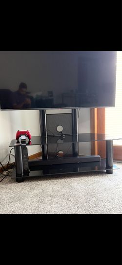 TV Stand / Entertainment Center – Black Glass & Metal – Excellent Condition