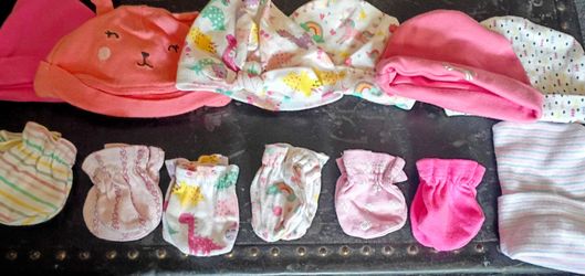 Baby Girl Hats and Scratch Mittens Bundle