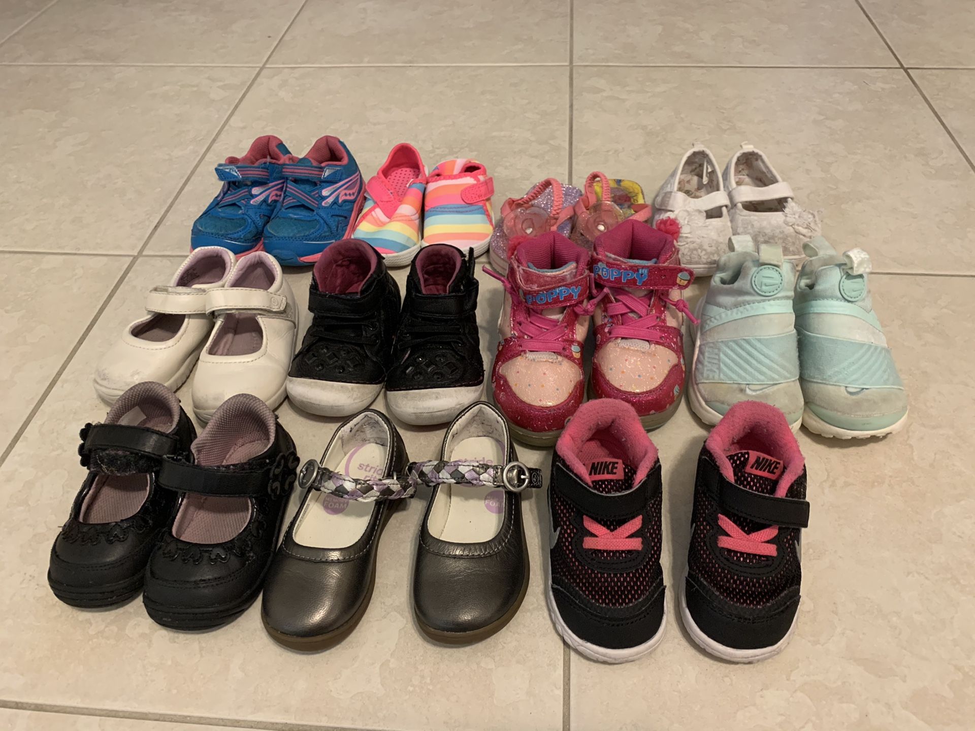 Used toddler girl shoes. All are name brand- Nike, Stride Rite, and Saucony