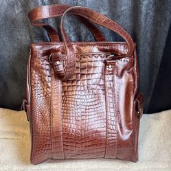 Premium Crocodile Texture Brown Genuine Leather Tote Shoulder Bag Multi Slots