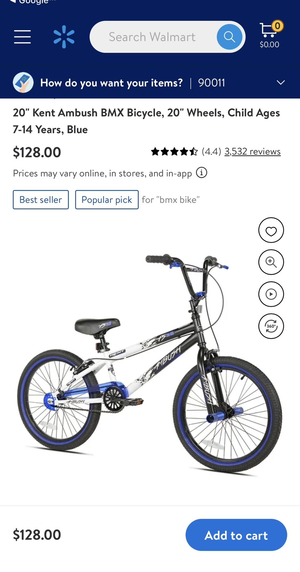 20 Kent Ambush BMX Bicycle, 20 Wheels, Child Ages 14 Years, Blue