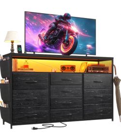 EnHomee Dresser for Bedroom with 10 Drawers, 55" TV Stands with LED Lights & Power Outlets, Dressers with Shelves & Side Pockets, Hooks for Hallway,Ch