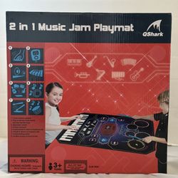 New QShark 2 in 1 Music Jam Playmat - Piano & Drum, 90x69cm, Kids Toy with Drumsticks