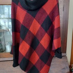Buffalo Check Sweater Cowl Neck Plaid Poncho bat arms size M women's 