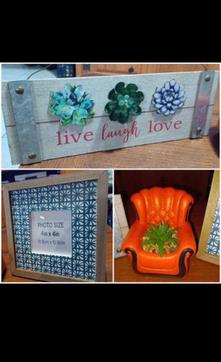 New 3pc Live Laugh Love wall Plaque, Photo frame with stand, Succulent in a chair planter pot.