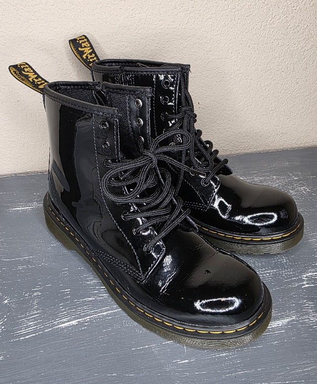 Dr Martens Doc DM 1460-J Youth Size 4 Black Patent Ankle Boots Side Zipper Laces