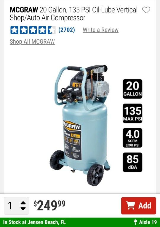 McGraw 20 Gallon Air Compressor W/ Extras.