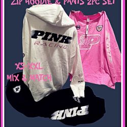 NEW VICTORIAS SECRET PINK 2PC SET. RACING THEMED FULL ZIP HOODIE & PANTS SET XS S M L XL XXL