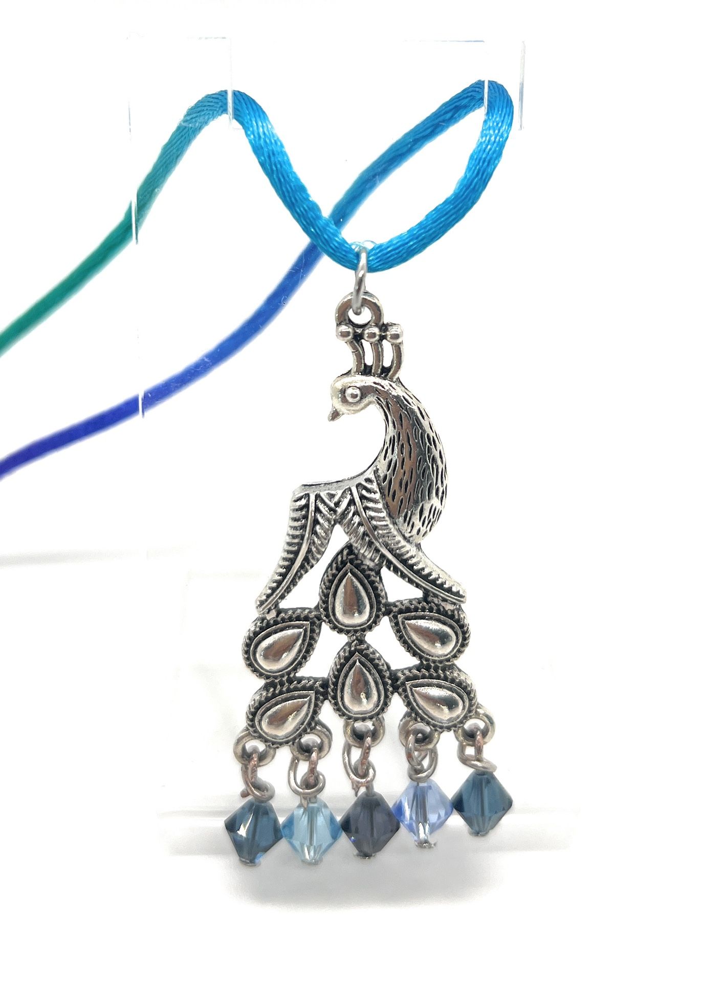 Designer Peacock Pendant - Blue Swarovski Crystals- Chord Chain