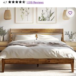 NEW IN BOX Acacia Emery Bed Frame with Headboard Solid Wood Platform Bed, Queen Size Bed Frame