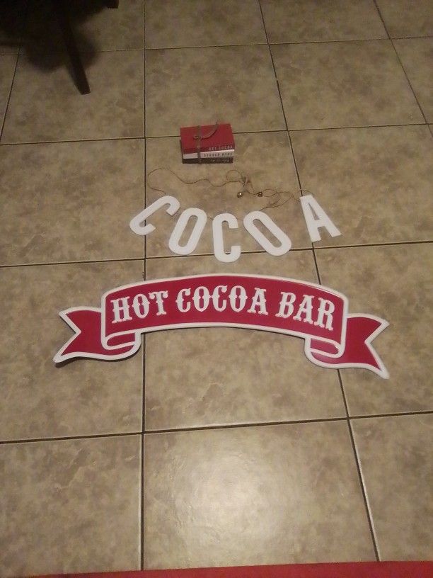 3 FT Width 2FT Length Mat, Hot Cocoa Bar Sign , Cocoa Sign , And 3 Stack Of Wood Colored. Color Brown And White