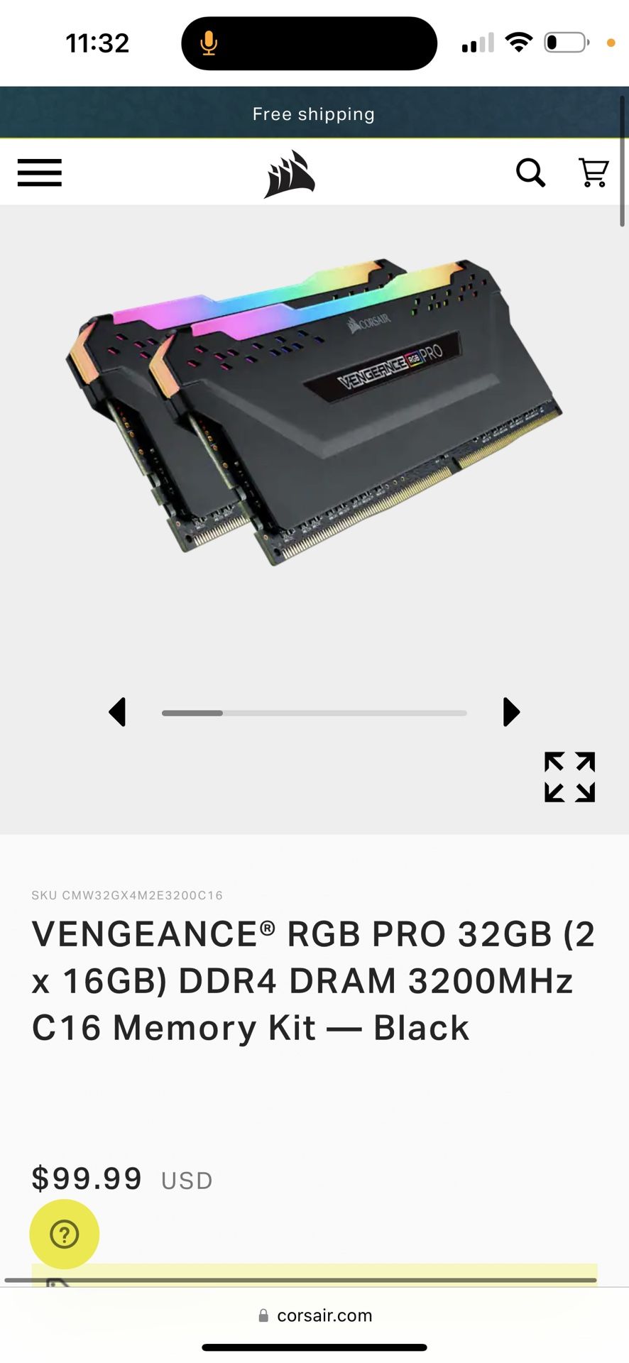 Corsair Vengeance RGB PRO 32g Ram! (2x16) ONLY $65.00