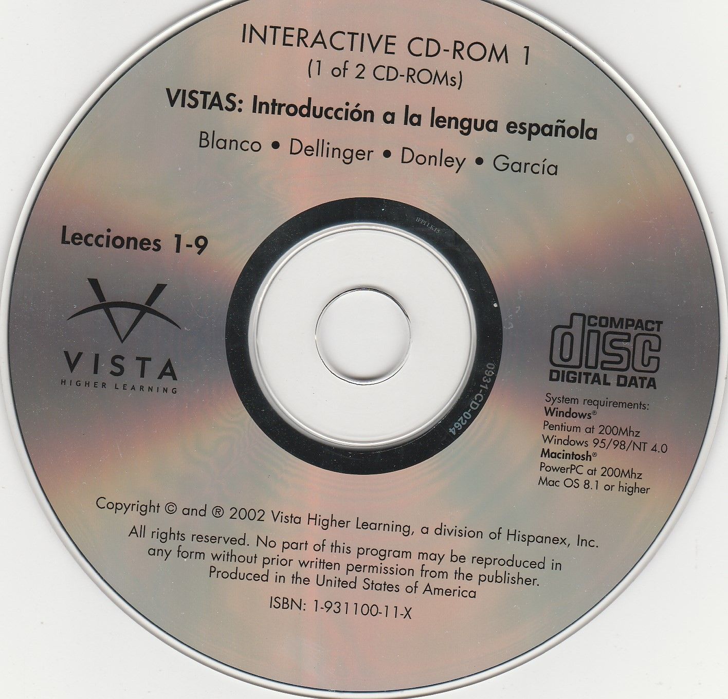 Vista Higher Learning Interactive CD-Rom 1 ~ Introduccion a la lengua espa ~ USA