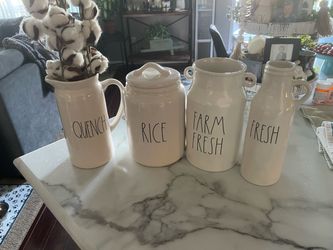 Rae Dunn Ceramic Canister , pitcher and 3 vases