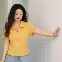 DM100 Large-size 100% Women's Summer Slim-Fitting Polo-neck T-Shirt with Textured Short Sleeve Knitted Top for Plus-Sized Women
