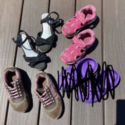 Lot Of 7 Pairs of Kids Shoes Size 12-13 Girls; Pink Hello Kitty Suede, Smart Fit Black Dress Slip On, Black Wedges with Bow