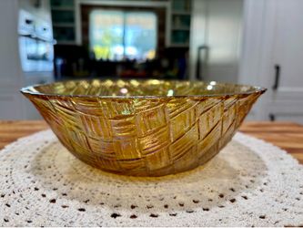 Vintage Indiana Glass Basketweave Bowl Marigold Carnival Glass Iridescent 12"