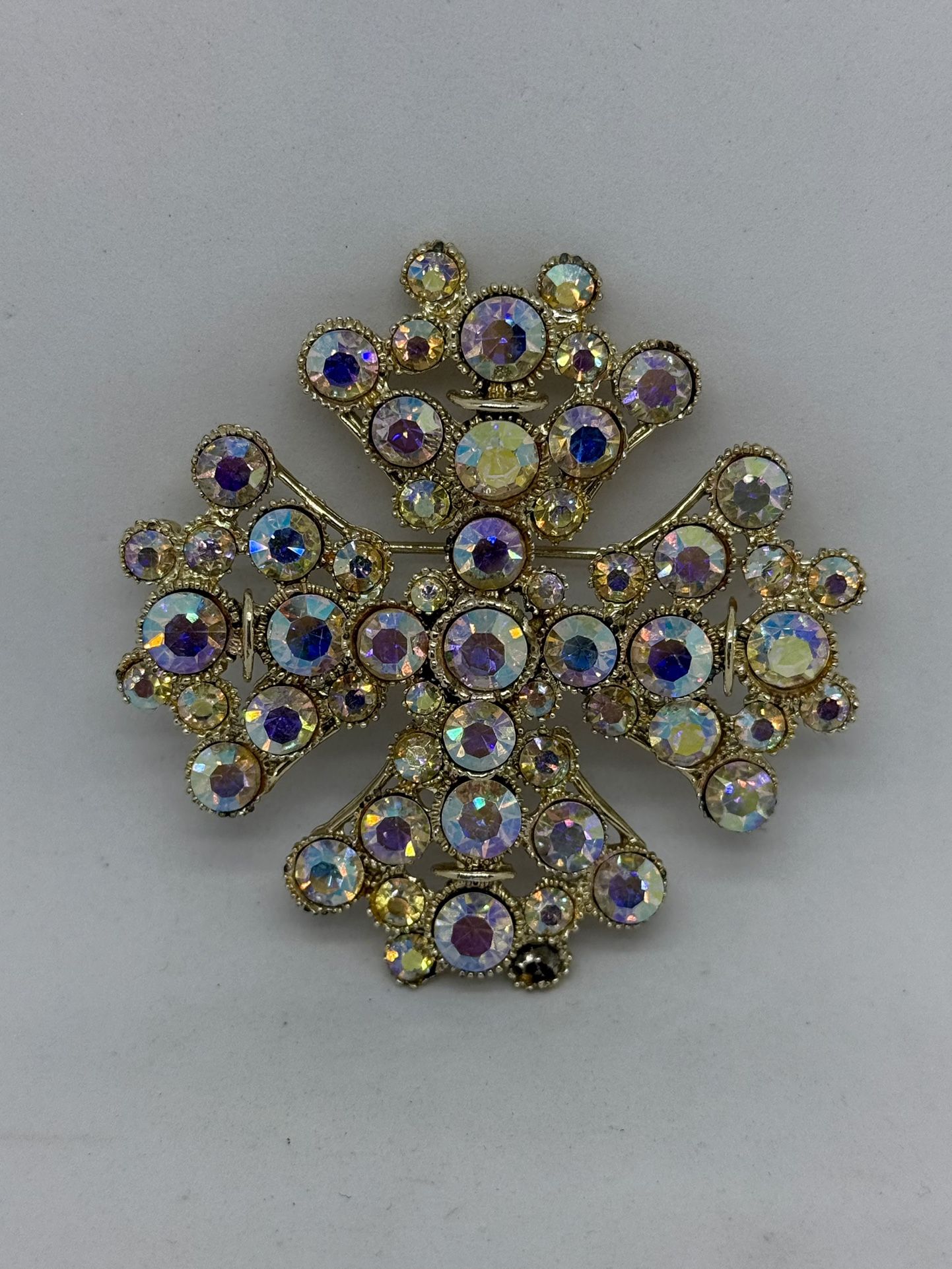 Vintage Signed BSK Rhinestones Large Maltese Cross Gold-Tone Brooch Pin
