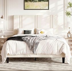 Allewie Queen Platform Bed Frame with Adjustable Headboard, Plush Velvet Upholstered, Vertical Channel Tufted, Sturdy Wooden Slats, No Box Spring Need
