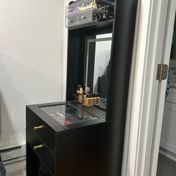 Black Small Vanity Set with Adjustable Lighted Touch Mirror and Storage Bench