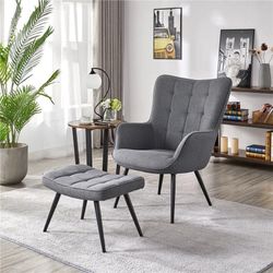 Wingback Fabric Chair and Ottoman Set