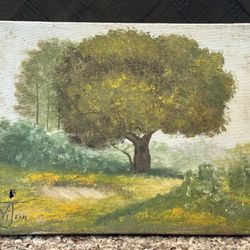 Antique c1940s Meadow Landscape Oil Painting with Tree signed "ViJean" #1