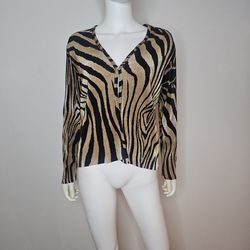VTG Plissé Animal-Print V-Neck Button Cardigan in Beige & Black Size S