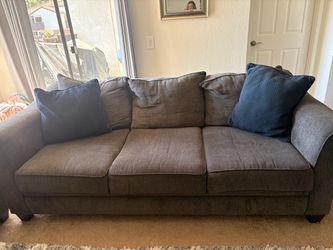 Gray Fabric Sofa with Wear Damage