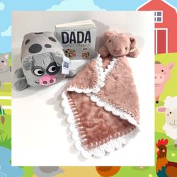 Farm Cow and Pig Crochet Baby Lovey, Plush and Dada Book Gift Set